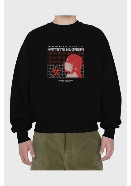 Yamete Kudasai Ön Baskılı Siyah Oversize Sweatshirt Erkek Kadın Bisiklet Yaka fiyatları