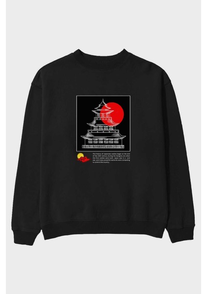 Retro Japanese Ön Baskılı Siyah Oversize Sweatshirt Erkek Kadın Bisiklet Yaka