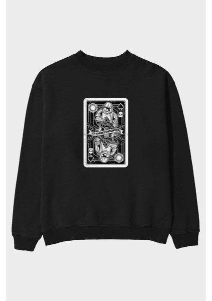 Stormtrooper Playing Card Ön Baskılı Siyah Oversize Sweatshirt Erkek Kadın Bisiklet Yaka