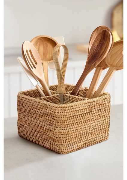 El Yapımı Renkli Kare Rattan Kaşıklık, Seramik, 40x50, Şık ve Doğal Tasarım