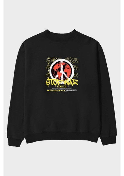 Stop War For Future Ön Baskılı Siyah Oversize Sweatshirt Erkek Kadın Bisiklet Yaka