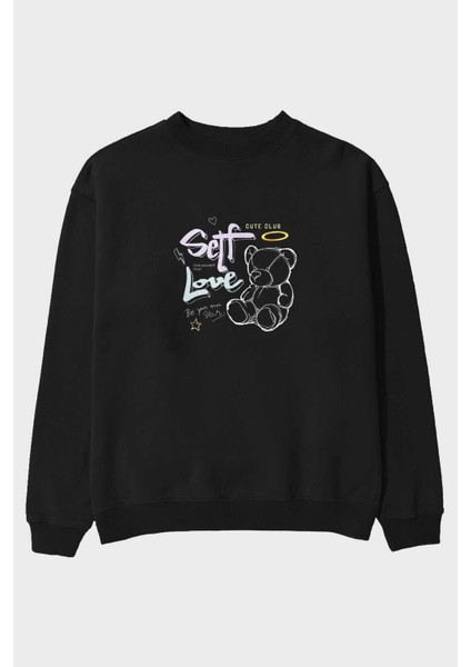 Self Love Bear Ön Baskılı Siyah Oversize Sweatshirt Erkek Kadın Bisiklet Yaka