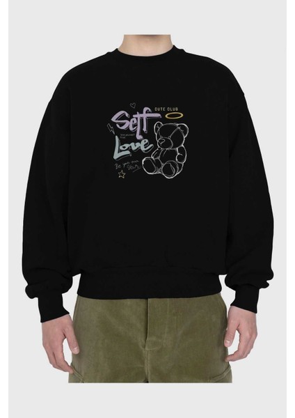 Self Love Bear Ön Baskılı Siyah Oversize Sweatshirt Erkek Kadın Bisiklet Yaka fiyatları