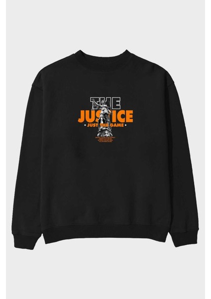 The Justice Ön Baskılı Siyah Oversize Sweatshirt Erkek Kadın Bisiklet Yaka