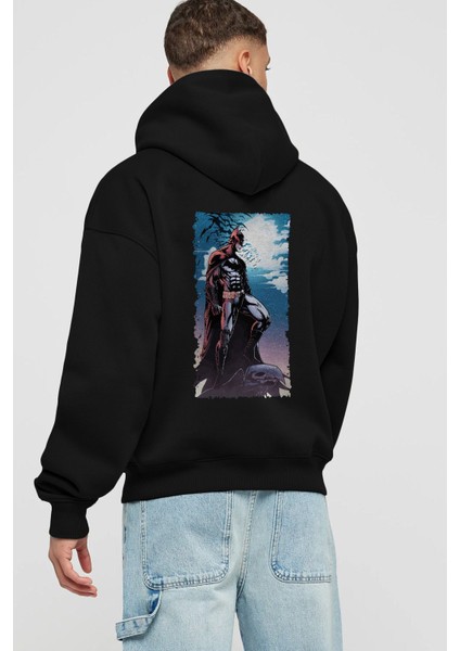 Batman (13) Arka Baskılı Siyah Oversize Kapüşonlu Sweatshirt Erkek Kadın