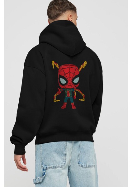 Spiderman (17) Arka Baskılı Siyah Oversize Kapüşonlu Sweatshirt Erkek Kadın