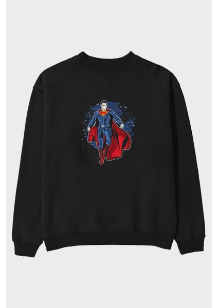 Superman Ön Baskılı Siyah Oversize Sweatshirt Erkek Kadın Bisiklet Yaka