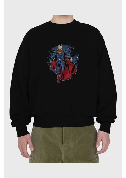 Superman Ön Baskılı Siyah Oversize Sweatshirt Erkek Kadın Bisiklet Yaka fiyatları