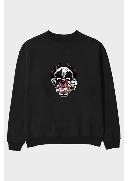 Clown Horror Ön Baskılı Siyah Oversize Sweatshirt Erkek Kadın Bisiklet Yaka