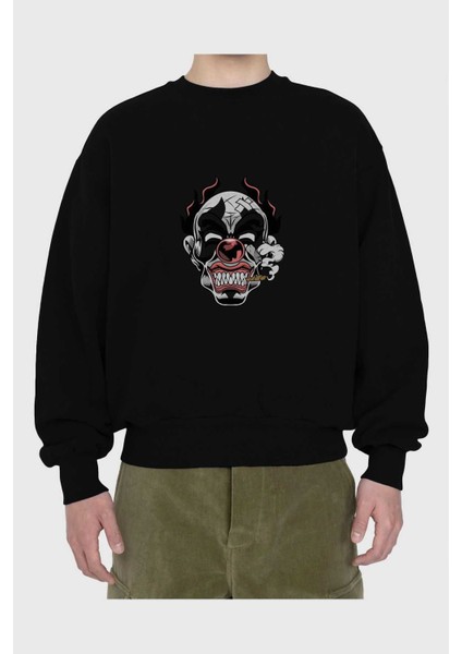 Clown Horror Ön Baskılı Siyah Oversize Sweatshirt Erkek Kadın Bisiklet Yaka fiyatları