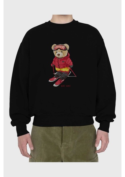 Teddy Bear Ski On Ön Baskılı Siyah Oversize Sweatshirt Erkek Kadın Bisiklet Yaka fiyatları