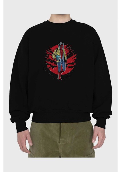 Spıderman 2 Ön Baskılı Siyah Oversize Sweatshirt Erkek Kadın Bisiklet Yaka fiyatları