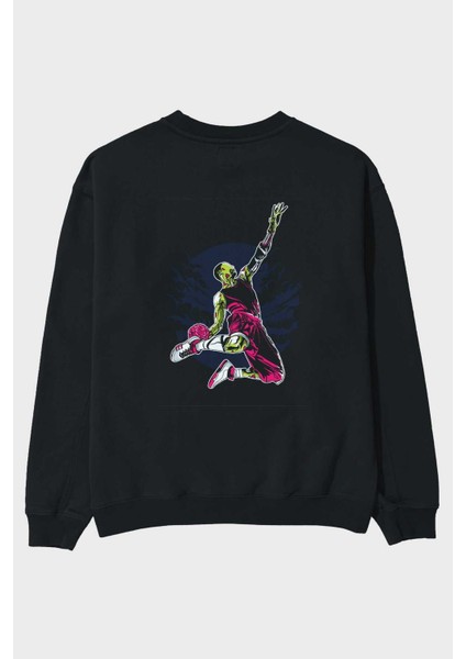 Zombie Slam Dunk Arka Baskılı Siyah Oversize Sweatshirt Erkek Kadın Bisiklet Yaka