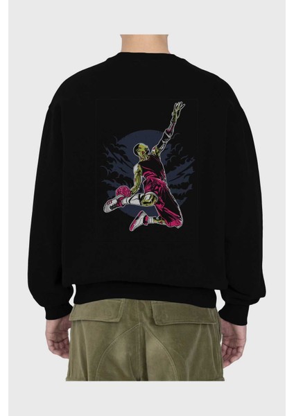 Zombie Slam Dunk Arka Baskılı Siyah Oversize Sweatshirt Erkek Kadın Bisiklet Yaka fiyatları