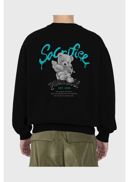 Sacrifice Yourself Bear Arka Baskılı Siyah Oversize Sweatshirt Erkek Kadın Bisiklet Yaka fiyatları