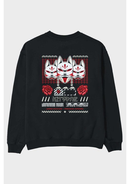 Kitsune Japanese Mask Arka Baskılı Siyah Oversize Sweatshirt Erkek Kadın Bisiklet Yaka