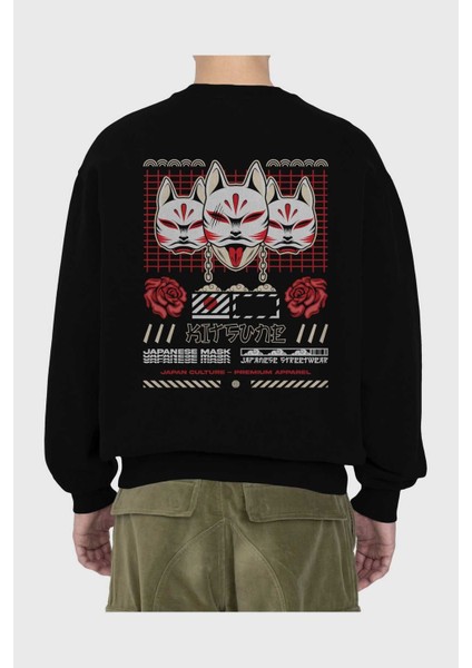 Kitsune Japanese Mask Arka Baskılı Siyah Oversize Sweatshirt Erkek Kadın Bisiklet Yaka fiyatları