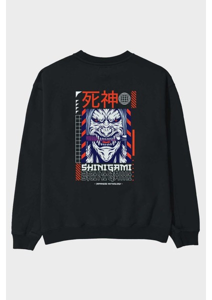 Shinigami Arka Baskılı Siyah Oversize Sweatshirt Erkek Kadın Bisiklet Yaka