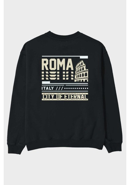 Roma Arka Baskılı Siyah Oversize Sweatshirt Erkek Kadın Bisiklet Yaka