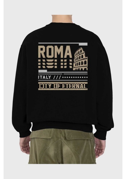 Roma Arka Baskılı Siyah Oversize Sweatshirt Erkek Kadın Bisiklet Yaka fiyatları