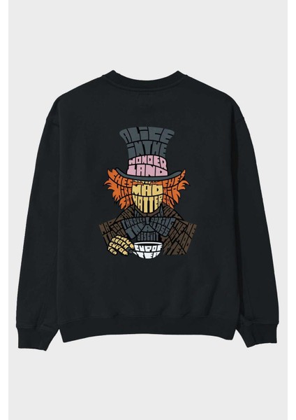 Madhatter Arka Baskılı Siyah Oversize Sweatshirt Erkek Kadın Bisiklet Yaka