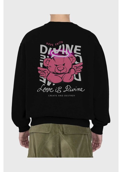 Love Is Divine Bear Arka Baskılı Siyah Oversize Sweatshirt Erkek Kadın Bisiklet Yaka fiyatları