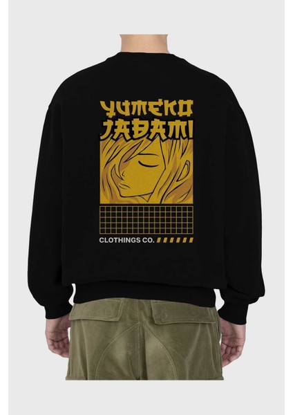 Yumeko Jadami Arka Baskılı Siyah Oversize Sweatshirt Erkek Kadın Bisiklet Yaka fiyatları