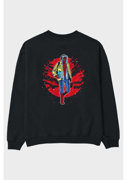 Spıderman 2 Arka Baskılı Siyah Oversize Sweatshirt Erkek Kadın Bisiklet Yaka