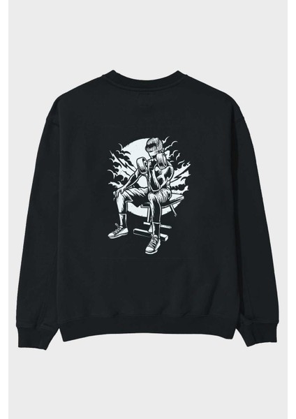 No Pain No Gain Arka Baskılı Siyah Oversize Sweatshirt Erkek Kadın Bisiklet Yaka
