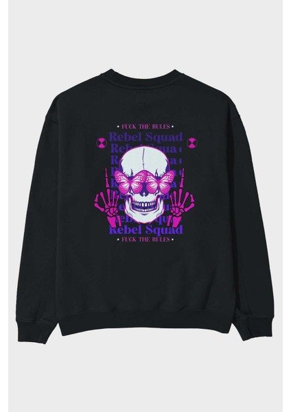 Rebel Squad Arka Baskılı Siyah Oversize Sweatshirt Erkek Kadın Bisiklet Yaka