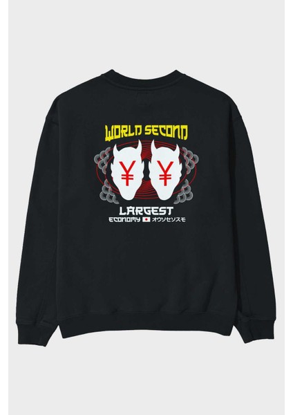 World Second Largest Economy Arka Baskılı Siyah Oversize Sweatshirt Erkek Kadın Bisiklet Yaka