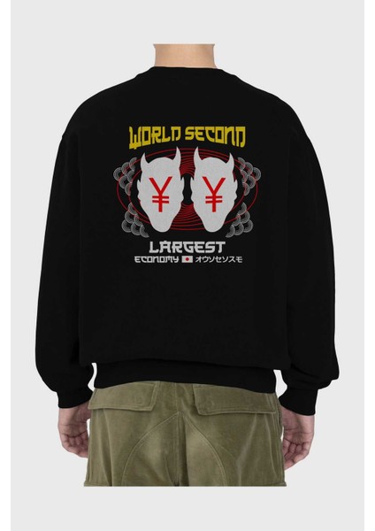 World Second Largest Economy Arka Baskılı Siyah Oversize Sweatshirt Erkek Kadın Bisiklet Yaka fiyatları