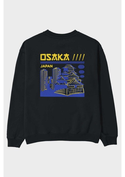 Osaka Arka Baskılı Siyah Oversize Sweatshirt Erkek Kadın Bisiklet Yaka