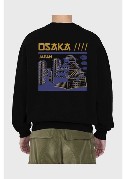 Osaka Arka Baskılı Siyah Oversize Sweatshirt Erkek Kadın Bisiklet Yaka fiyatları