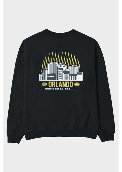 Orlando Arka Baskılı Siyah Oversize Sweatshirt Erkek Kadın Bisiklet Yaka
