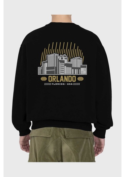 Orlando Arka Baskılı Siyah Oversize Sweatshirt Erkek Kadın Bisiklet Yaka fiyatları