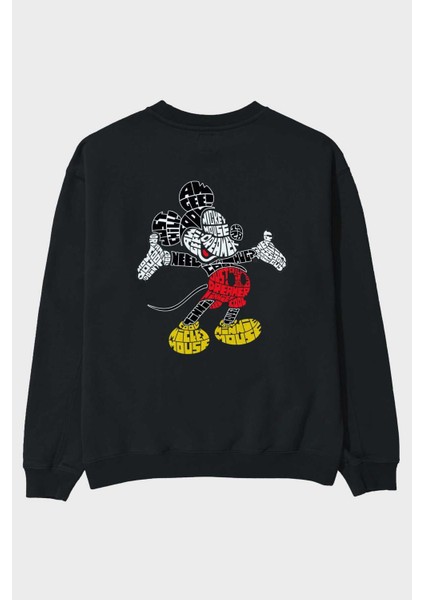 Mickey Arka Baskılı Siyah Oversize Sweatshirt Erkek Kadın Bisiklet Yaka