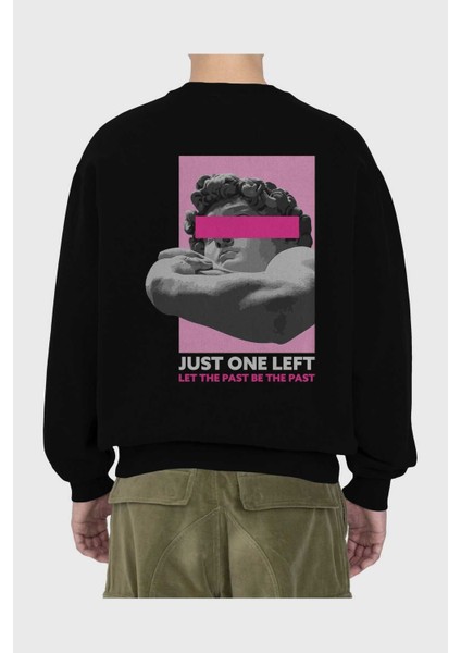 Just One Left Arka Baskılı Siyah Oversize Sweatshirt Erkek Kadın Bisiklet Yaka fiyatları