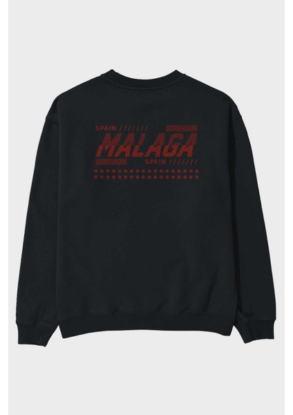 Malaga Arka Baskılı Siyah Oversize Sweatshirt Erkek Kadın Bisiklet Yaka