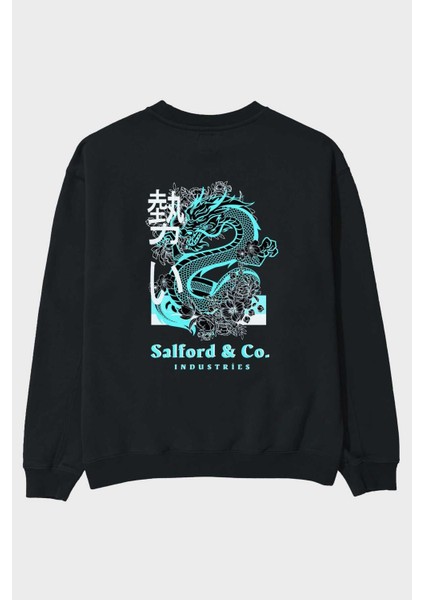 Dragon Arka Baskılı Siyah Oversize Sweatshirt Erkek Kadın Bisiklet Yaka