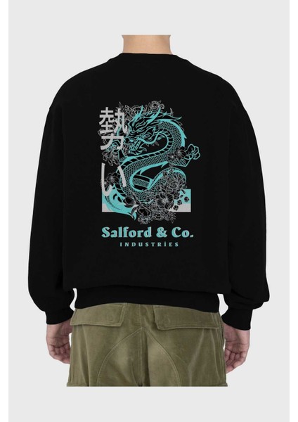 Dragon Arka Baskılı Siyah Oversize Sweatshirt Erkek Kadın Bisiklet Yaka fiyatları