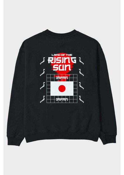Land Of The Rising Sun Arka Baskılı Siyah Oversize Sweatshirt Erkek Kadın Bisiklet Yaka
