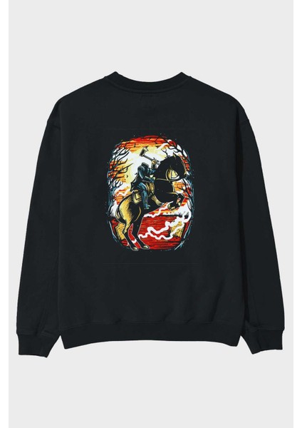 Headless Horseman Arka Baskılı Siyah Oversize Sweatshirt Erkek Kadın Bisiklet Yaka