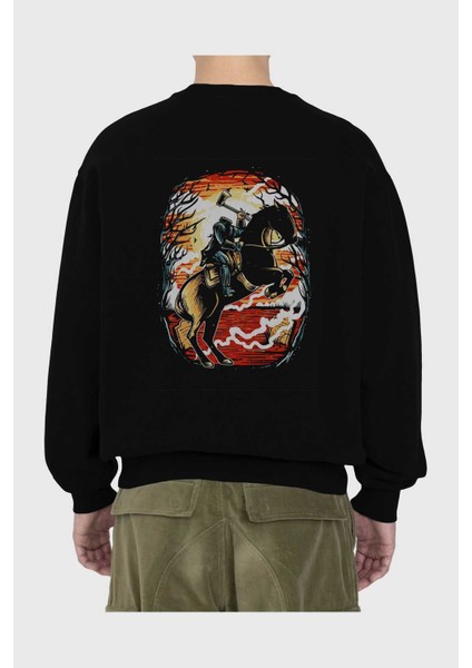 Headless Horseman Arka Baskılı Siyah Oversize Sweatshirt Erkek Kadın Bisiklet Yaka fiyatları