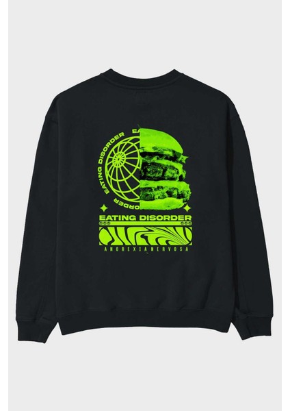 Eating Disorder Arka Baskılı Siyah Oversize Sweatshirt Erkek Kadın Bisiklet Yaka