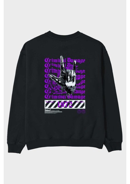 Criminal Damage 2 Arka Baskılı Siyah Oversize Sweatshirt Erkek Kadın Bisiklet Yaka