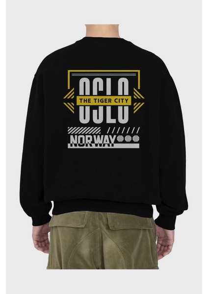 Oslo Arka Baskılı Siyah Oversize Sweatshirt Erkek Kadın Bisiklet Yaka fiyatları
