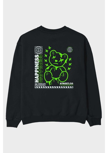 Happiness Bear 3 Arka Baskılı Siyah Oversize Sweatshirt Erkek Kadın Bisiklet Yaka