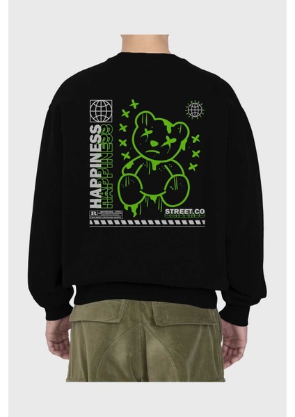 Happiness Bear 3 Arka Baskılı Siyah Oversize Sweatshirt Erkek Kadın Bisiklet Yaka fiyatları