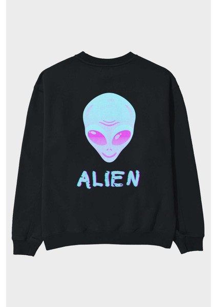 Alien Arka Baskılı Siyah Oversize Sweatshirt Erkek Kadın Bisiklet Yaka
